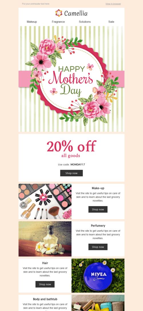 Mother’s Day Email Template "Tenderness for Cosmetics" for Beauty & Personal Care industry mobile view