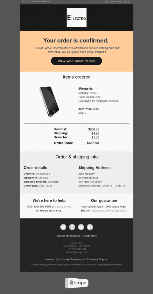 Confirmation Email Template "Limited Edition" for Gadgets industry mobile view