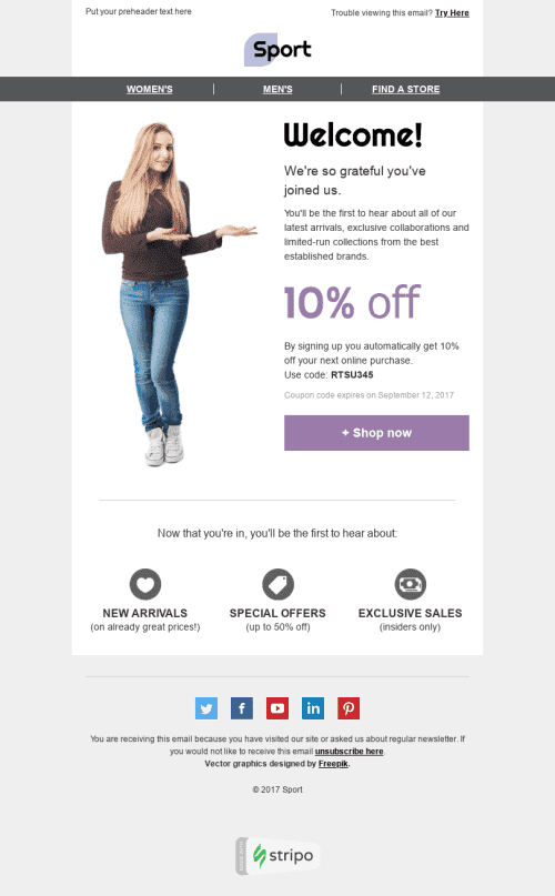 Welcome Email Template "Beginner's Luck" for Sports industrydesktop view