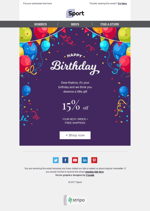 Modèle de courrier électronique Anniversaire "Fête joyeuse" pour le secteur Sports Affichage ordinateur