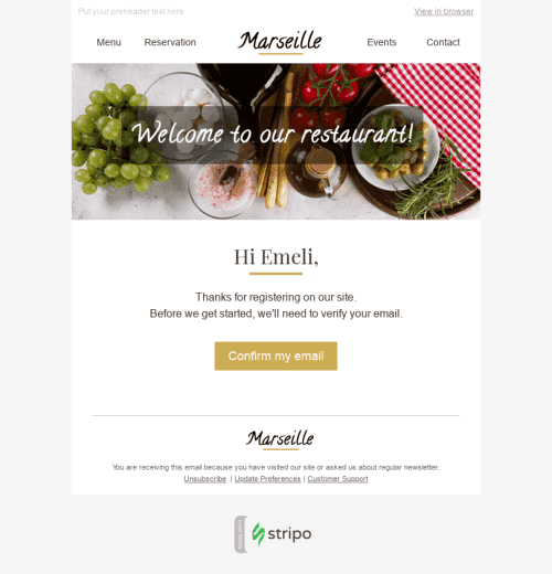 Welcome Email Template "New Acquaintance" for Restaurants industrydesktop view