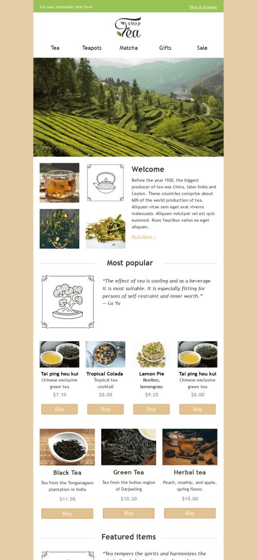 Promo Email Template "Tea Shop" for Beverages industry mobile view