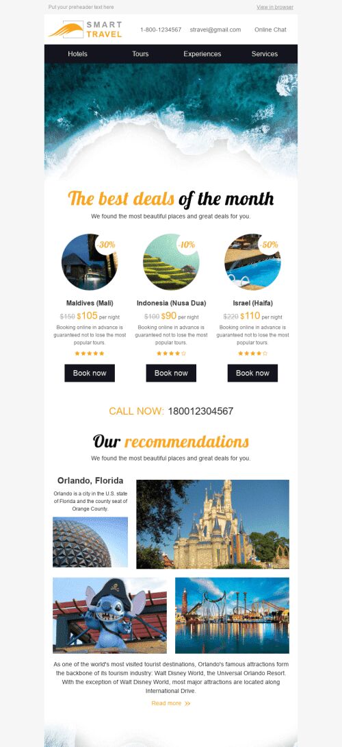 Plantilla de correo electrónico "Oferta del mes" de Descuento para la industria de Turismo Vista de móvil