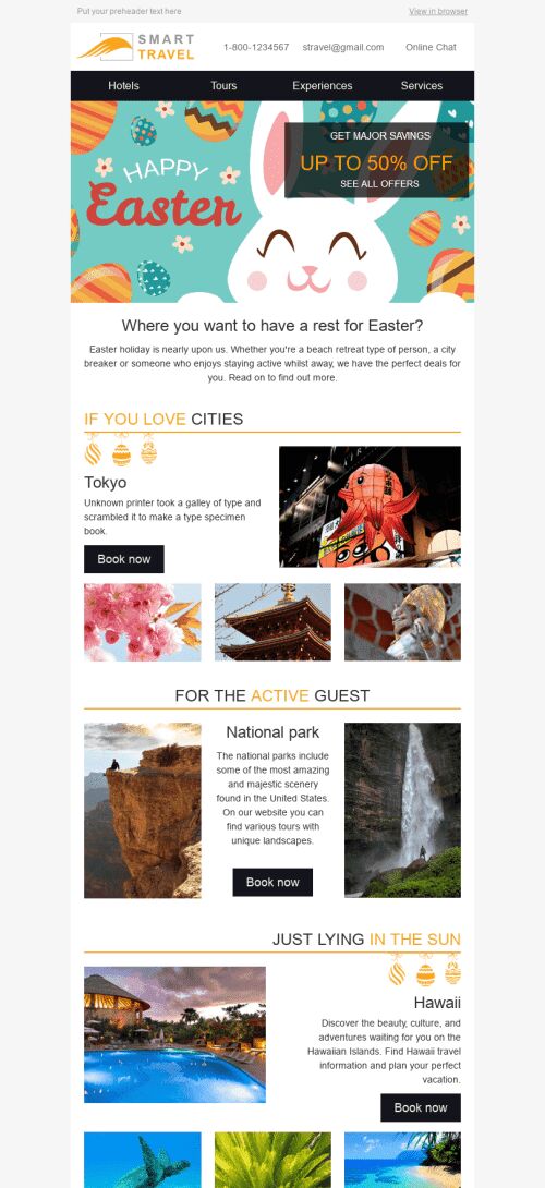 Easter Email Template "Our Recommendations" for Tourism industry mobile view