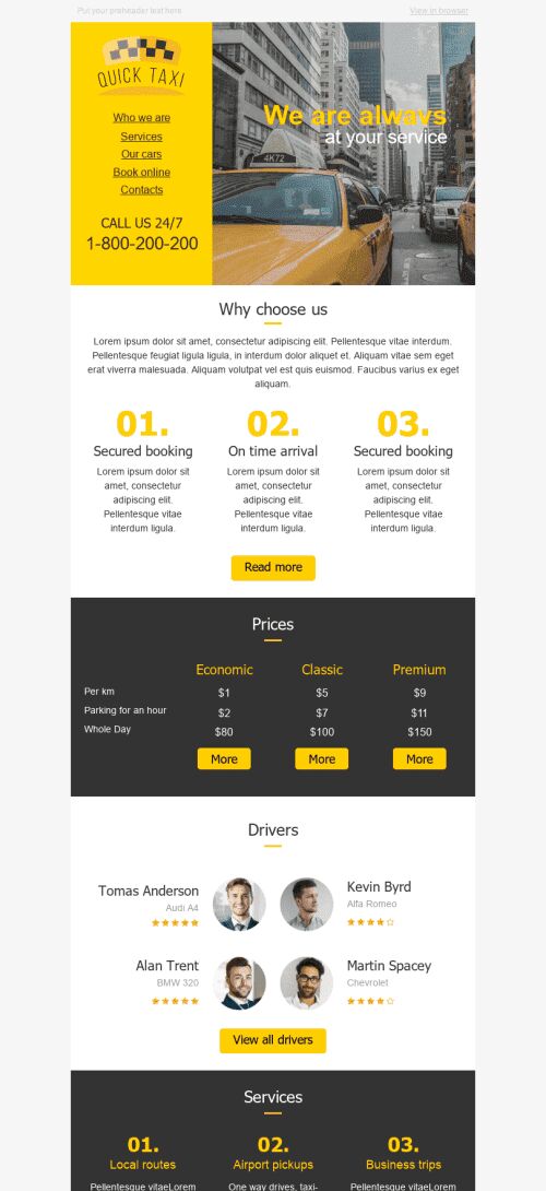 Modello Email Promo "Servizio veloce" per il settore industriale di Auto e moto Visualizzazione mobile