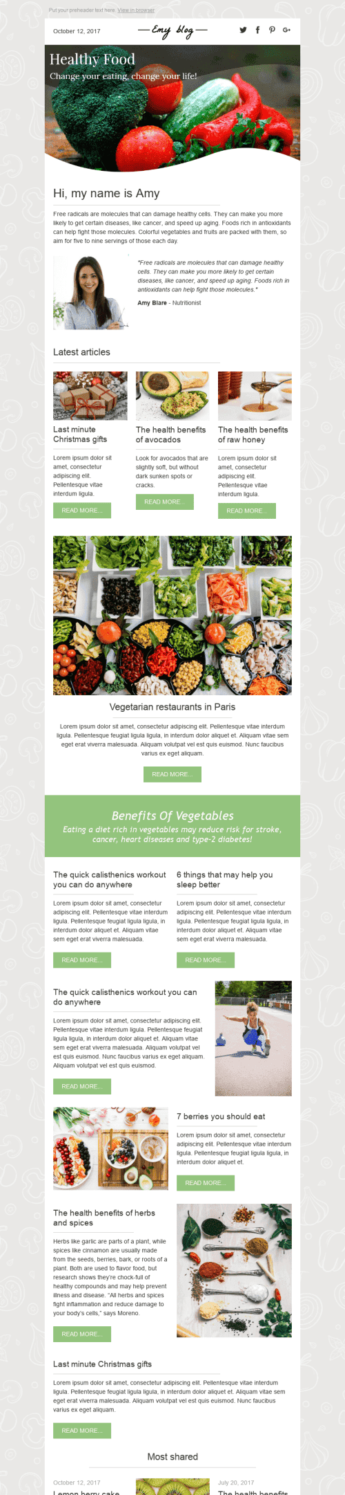 Промо шаблон письма "Здоровое питание" для индустрии "Публикации и Блог" дектопный вид