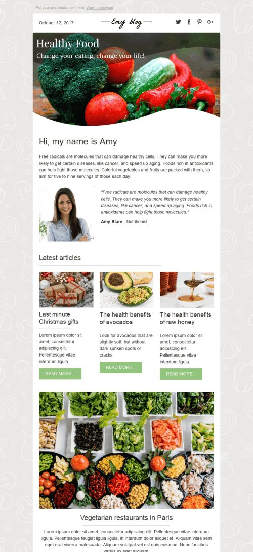 E-Mail-Werbevorlage "Gesunde Ernährung" für die Verlags- und Bloggerbranche Ansicht auf Mobilgeräten