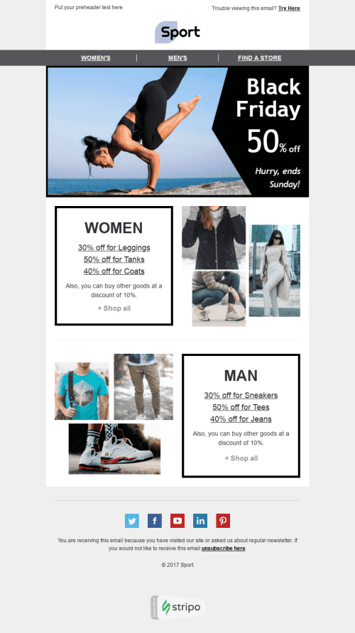 Black Friday Email Template "Flexible Prices" for Sports industry mobile view