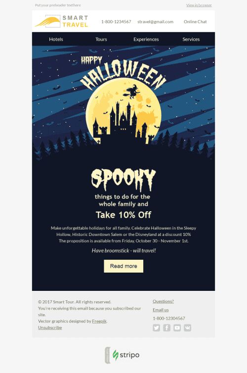 Plantilla de correo electrónico "Tours inolvidables" de Halloween para la industria de Turismo Vista de móvil