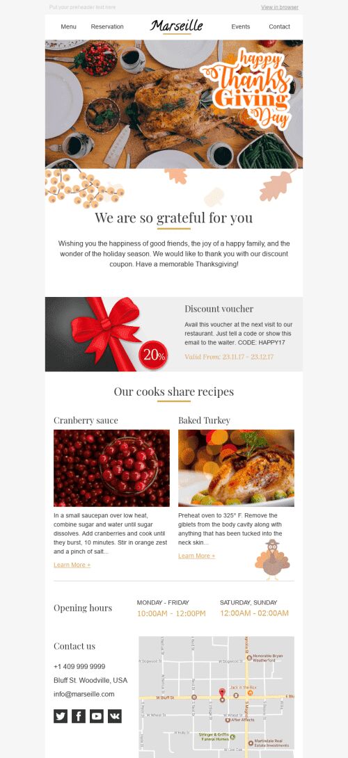 Thanksgiving Day E-Mail-Vorlage "Lieblingsrezepte" für Restaurants-Branche Ansicht auf Mobilgeräten