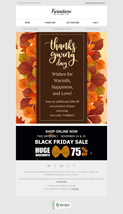 Thanksgiving Day Email Template "The Magnificence of Fall" for Furniture, Interior & DIY industrydesktop view