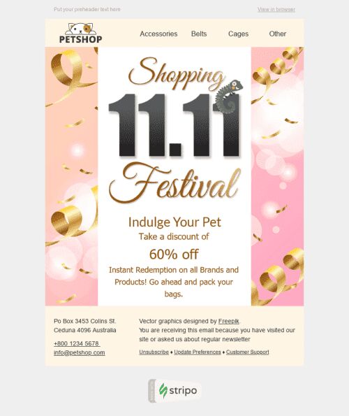E-Mail-Vorlage für das Global Shopping Festival "Glückliche Tiere" für die Heimtierbranche Ansicht auf Mobilgeräten
