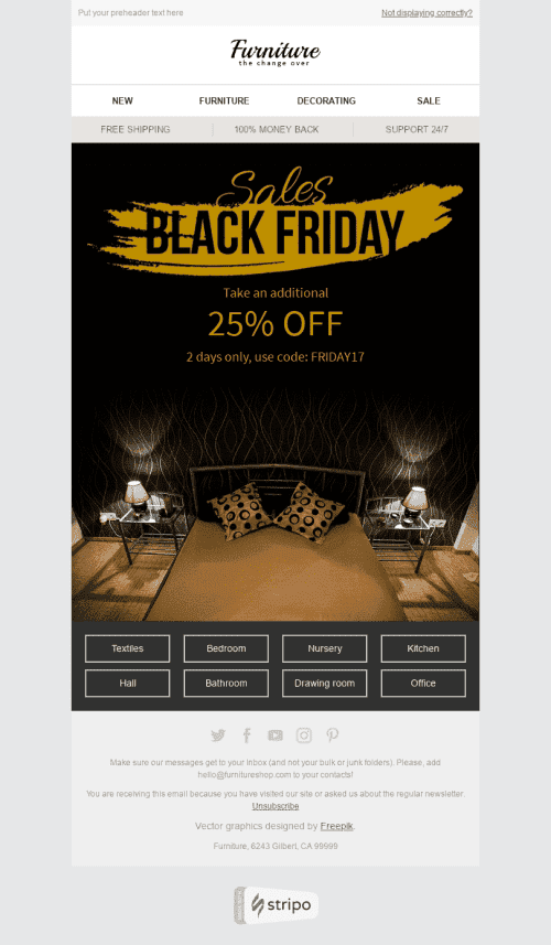 Modèle de courrier électronique Black Friday "Âge d'or" pour le secteur Mobiliers, Intérieur & DIY Affichage mobile