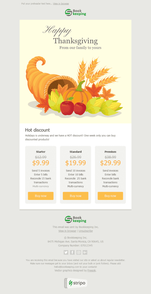 Thanksgiving Day Email Template "Horn of Plenty" for Finance industry mobile view