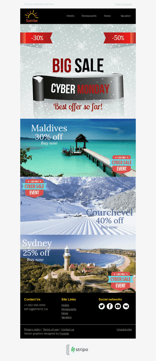 Modelo de E-mail de «Viagem Perfeita» de Cyber Monday para a indústria de Turismo Visualização de desktop