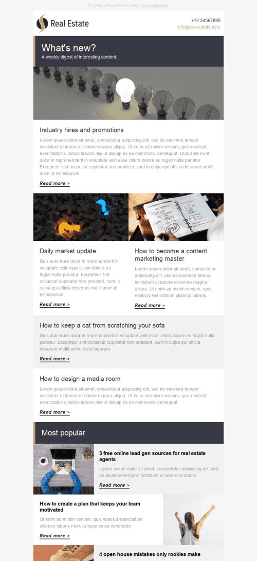 Modello Email Digest via email "Riassunto settimanale" per il settore industriale di Immobiliari Visualizzazione mobile