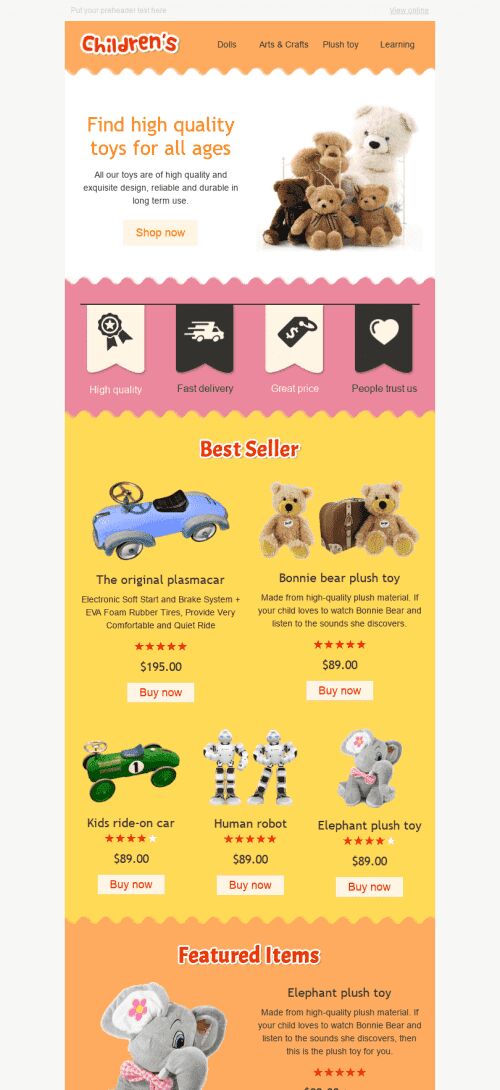 Modello Email Promo "Giocattoli divertenti" per il settore industriale di Prodotti per bambini Visualizzazione mobile