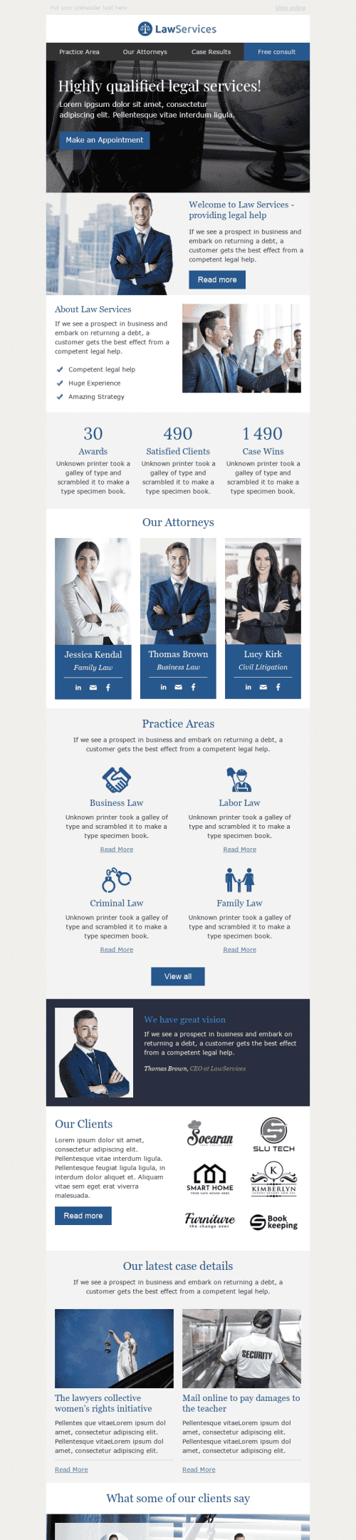 Promo Email Template "Winning Case" for Legal industrydesktop view