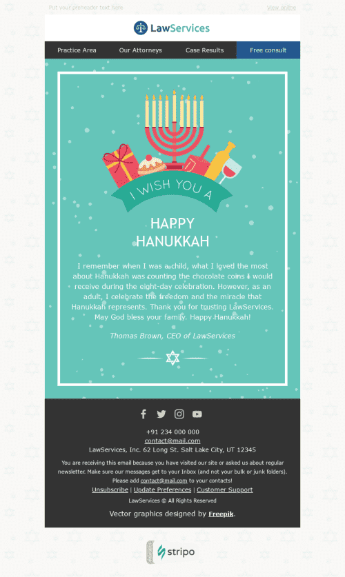 Modelo de E-mail de «Festival de Luzes» de Hanukkah para a indústria de Jurídico Visualização de desktop