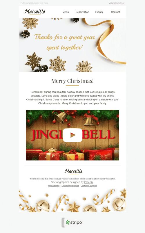 Weihnachten E-Mail-Vorlage "Klingelglöckchen" für Restaurants-Branche Ansicht auf Mobilgeräten