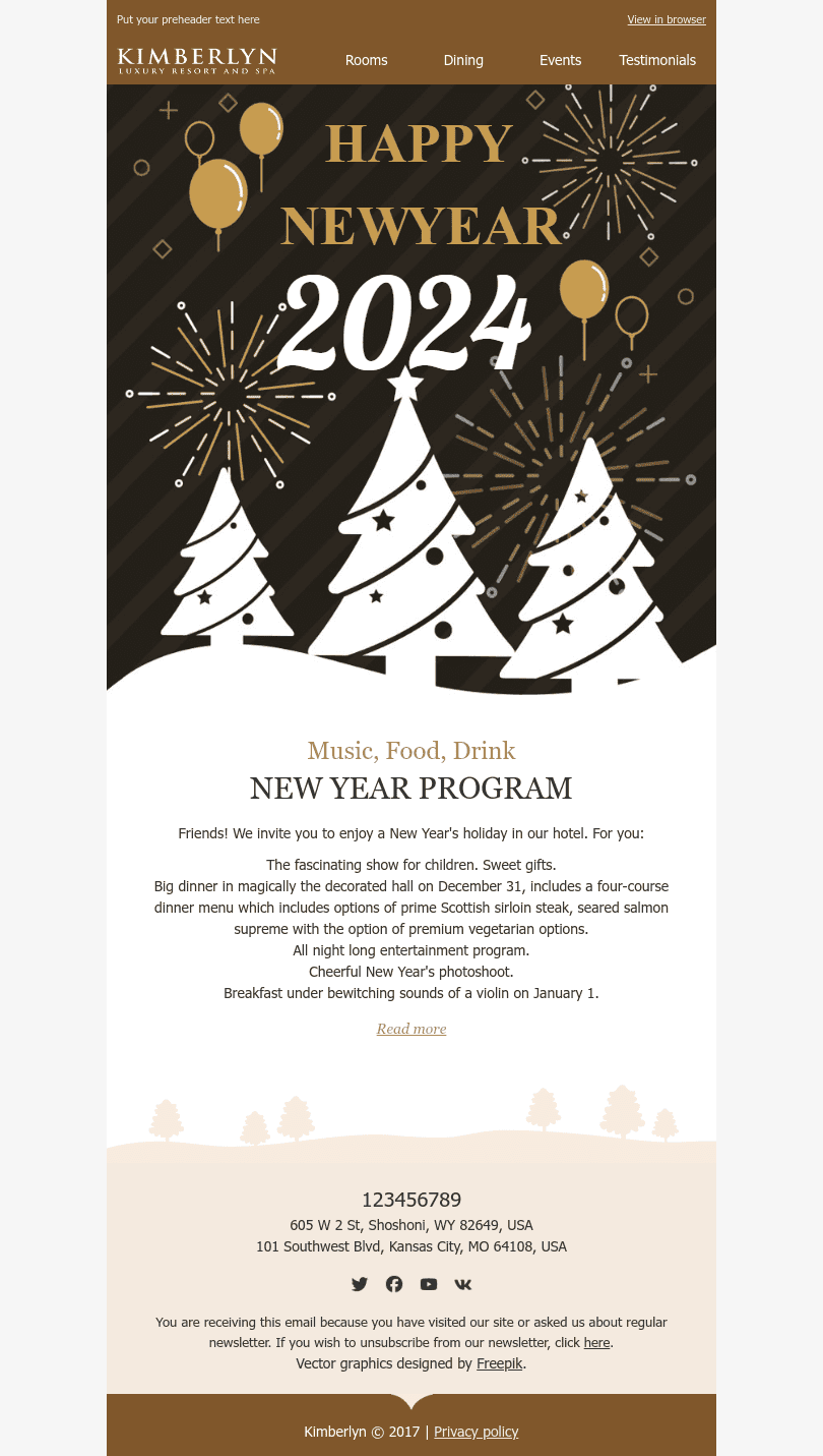 New Year Email Template "the Invitation" for Hotels industry mobile view