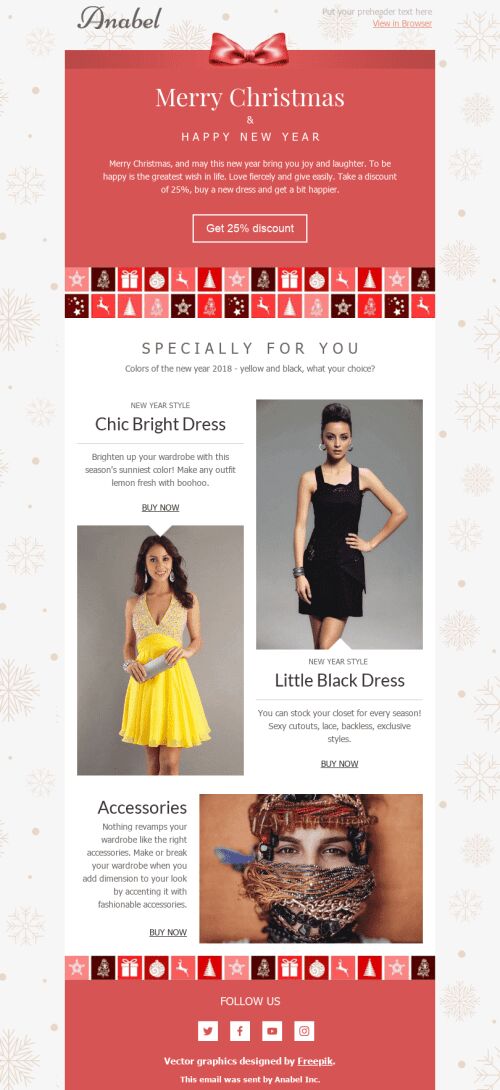 Modelo de E-mail de «Vestido de Festa» de Natal para a indústria de Moda Visualização de dispositivo móvel