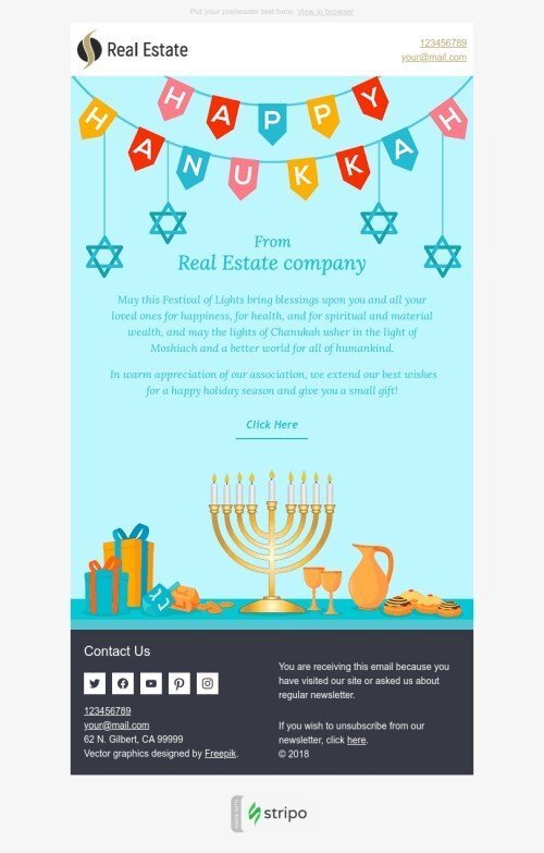 Modello Email Chanukkah "Calorosi auguri" per il settore industriale di Immobiliari Visualizzazione mobile