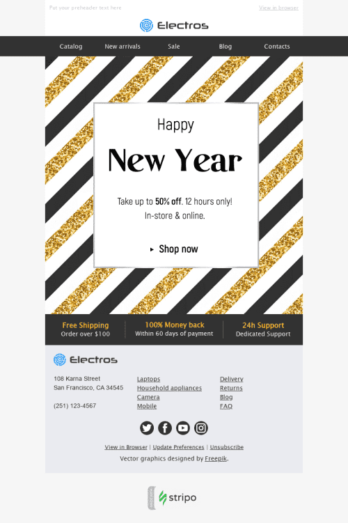 New Year Email Template "Gold and Black" for Gadgets industry mobile view