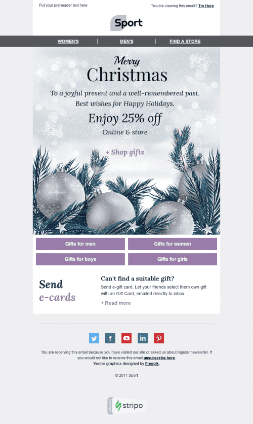 Modello Email Natale "Tempo incantato" per il settore industriale di Sport Visualizzazione desktop