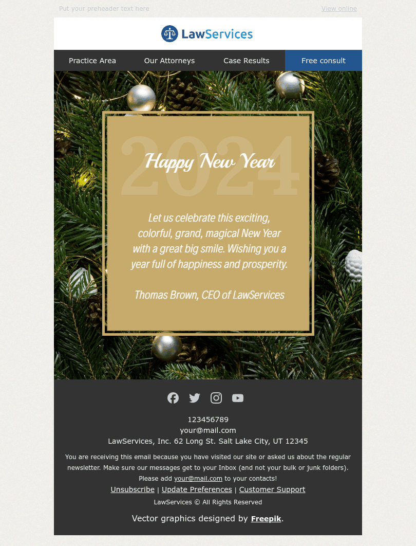 Modello Email Capodanno "Evento interessante" per il settore industriale di Servizi legali Visualizzazione desktop