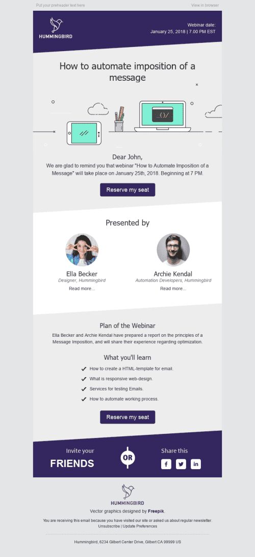 Event Reminder Email Template "Important Information" for Webinars industry mobile view