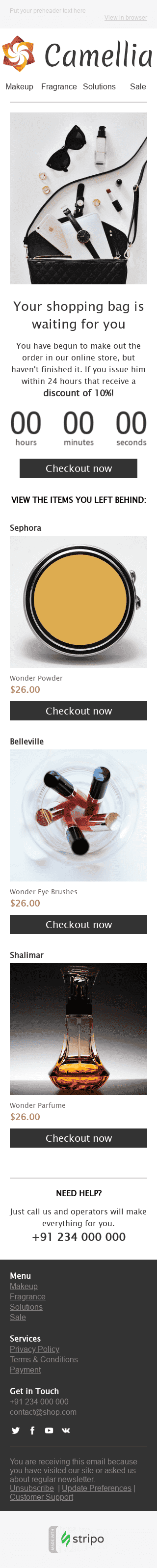 Plantilla de correo electrónico "Hora de comprar" de Carrito abandonado para la industria de Belleza y cuidado personal Vista de móvil