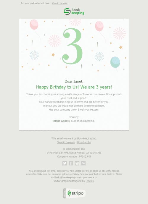 Thank You Email Template "3 Years Together" for Finance industry mobile view