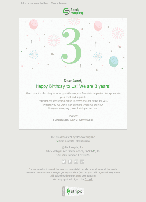 Plantilla de correo electrónico "3 años juntos" de Agradecimientos para la industria de Finanzas Vista de móvil