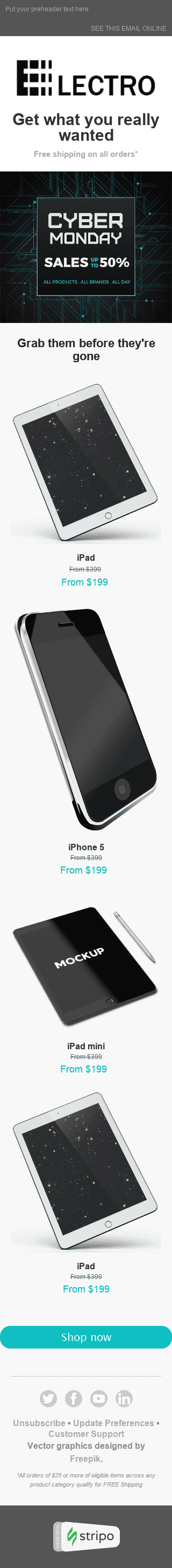 Cyber Monday E-Mail-Vorlage "Online-Verkauf" für Elektronik & Gadgets-Branche Ansicht auf Mobilgeräten