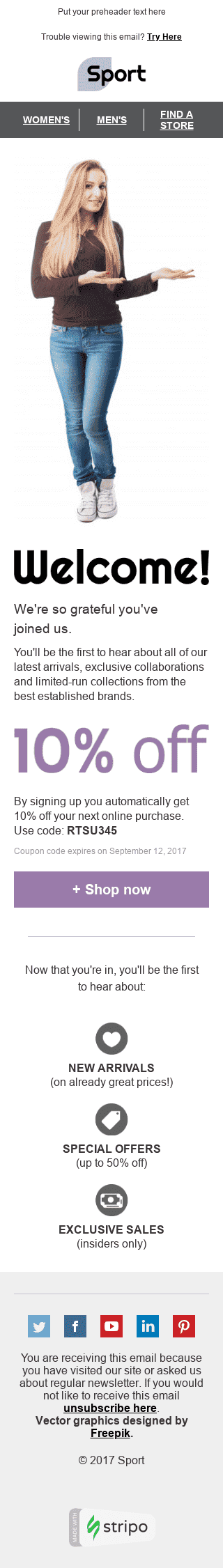 Willkommen E-Mail-Vorlage "Anfängerglück" für Sport-Branche Ansicht auf Mobilgeräten