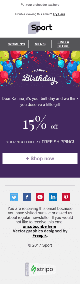 Modèle de courrier électronique Anniversaire "Fête joyeuse" pour le secteur Sports Affichage mobile