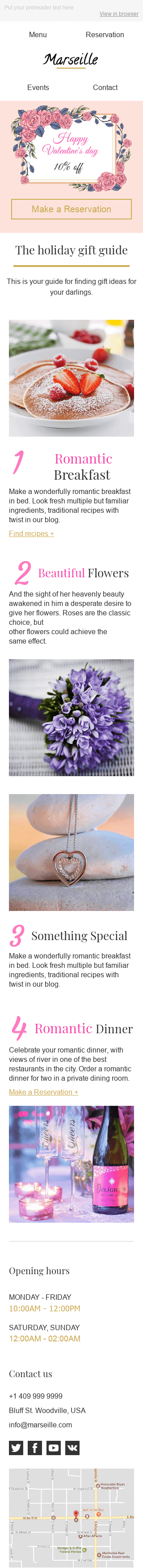 Modelo de E-mail de «Algo Especial» de Dia dos Namorados para a indústria de Restaurantes Visualização de dispositivo móvel