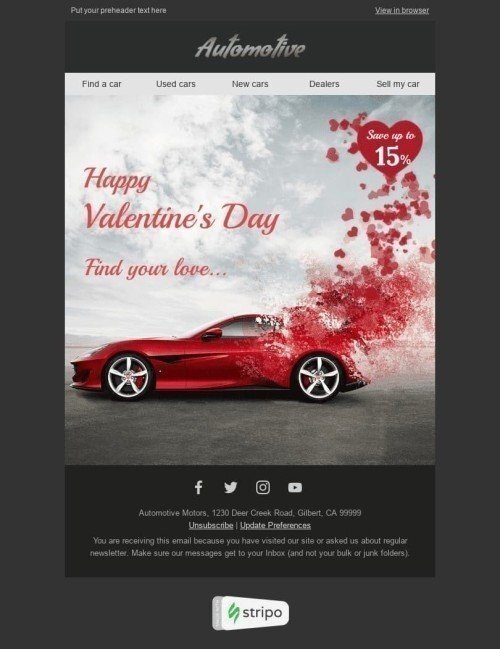 Valentinstag E-Mail-Vorlage "Finden Sie Ihre Liebe" für Auto & Motor-Branche Desktop-Ansicht