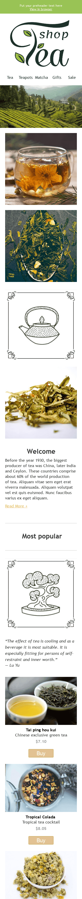 Modèle de courrier électronique Promo "Boutique de thé" pour le secteur Boissons Affichage mobile