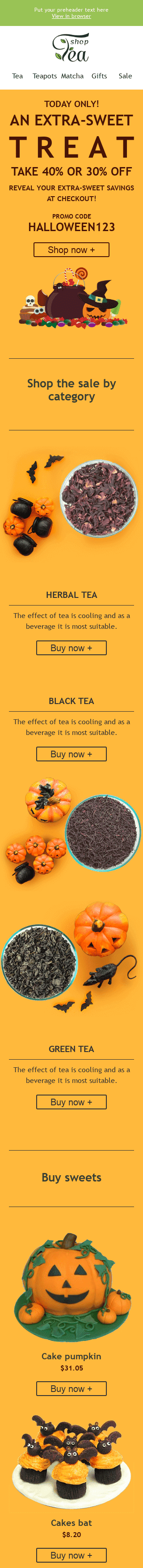 Halloween E-Mail-Vorlage "Süßer Leckerbissen" für Getränke-Branche Ansicht auf Mobilgeräten