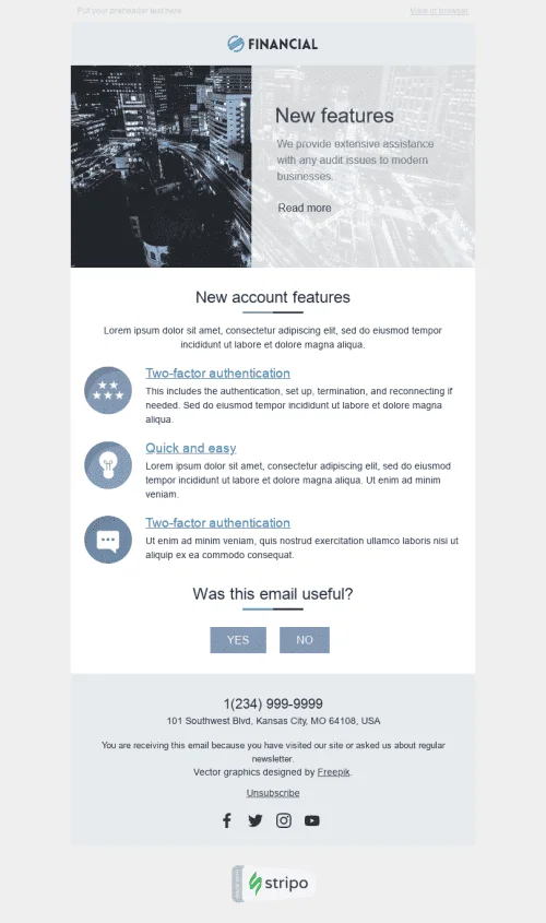 Product Update Email Template "New Features" for Finance industry