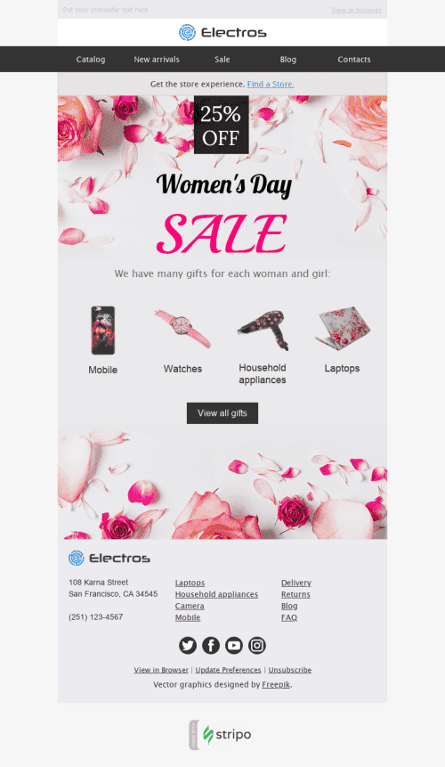 Weltfrauentag E-Mail-Vorlage "Blumenschmuck" für Elektronik & Gadgets-Branche Desktop-Ansicht