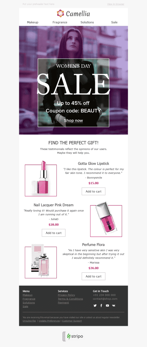 Modelo de E-mail de «Cor Perfeita» de Dia da Mulher para a indústria de Beleza e Cuidados Pessoais Visualização de desktop