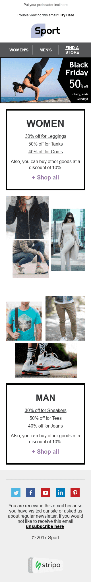 Modello Email Black Friday "Prezzi flessibili" per il settore industriale di Sport Visualizzazione mobile