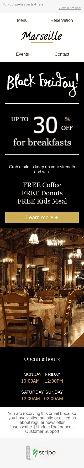 Modelo de E-mail de «Brindes Grátis» de Black Friday para a indústria de Restaurantes Visualização de dispositivo móvel