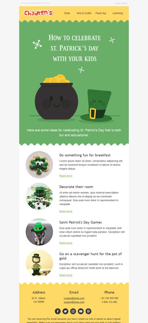 Modello Email Giorno di San Patrizio "Idee divertenti" per il settore industriale di Prodotti per bambini Visualizzazione mobile