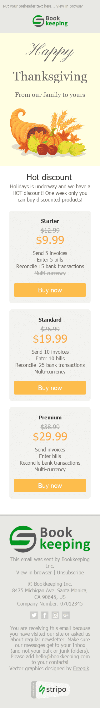 Thanksgiving Day E-Mail-Vorlage "Füllhorn" für Finanzwesen-Branche Ansicht auf Mobilgeräten