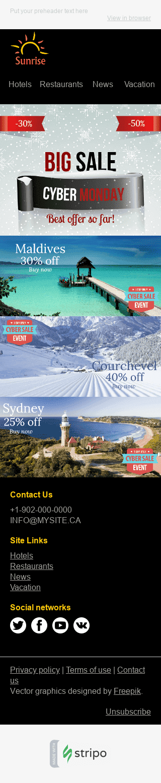 Modelo de E-mail de «Viagem Perfeita» de Cyber Monday para a indústria de Turismo Visualização de dispositivo móvel