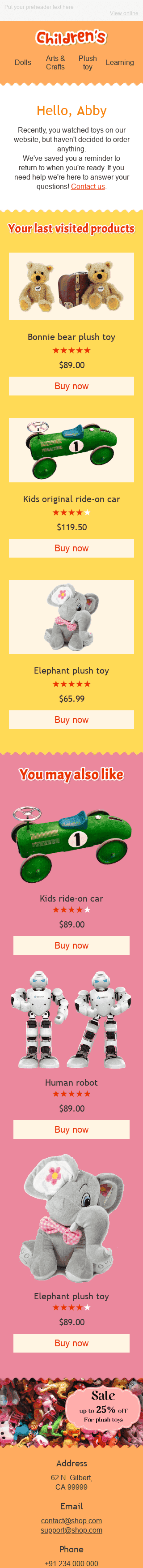 Modello Email Carrello abbandonato "Mondo peluche" per il settore industriale di Prodotti per bambini Visualizzazione mobile